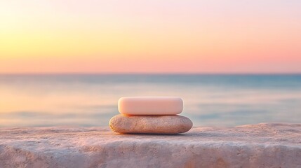 Plakat Pastel Sunset Beach Scene with Soap on Rock