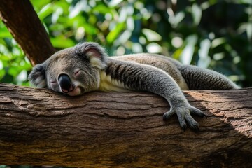 Cute Australian koala bear resting peacefully on a tree trunk in a lush green environment, A cute Australian koala bear resting on a tree trunk
