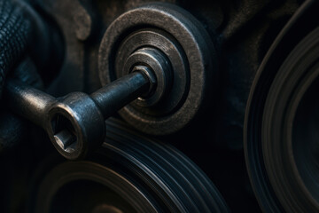 Close up of industrial machinery with metal belts and mechanical parts in dark lighting creating strong technical atmosphere