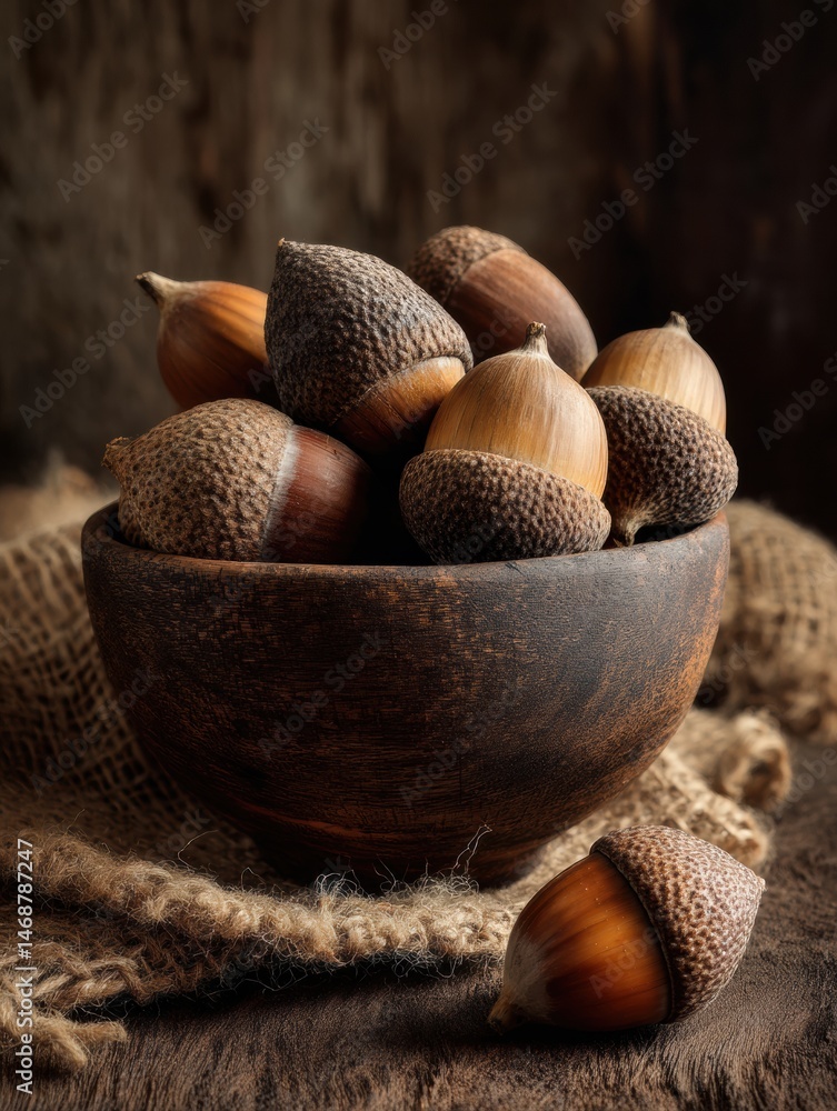 Poster acorns gathered in a rustic wooden bowl with a textured backdrop inviting autumn vibes and natures b