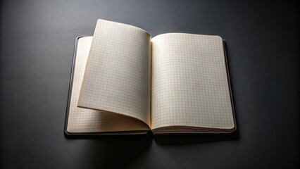 A black moleskine book lying on a black background, open to reveal a blank page with a faint grid pattern , grid