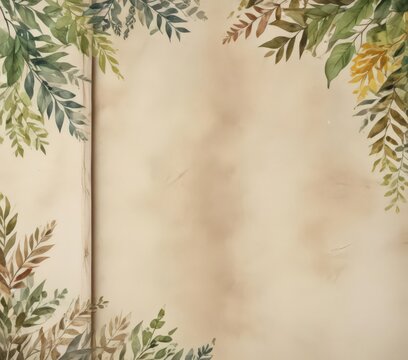 Rustic watercolor foliage border on bifold program , wood, memorial