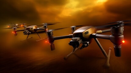 Futuristic Drones in Formation at Sunset