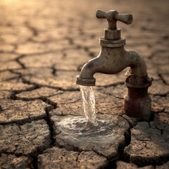 Water flows from a tap into dry cracked soil under the golden light of sunset in a parched landscape