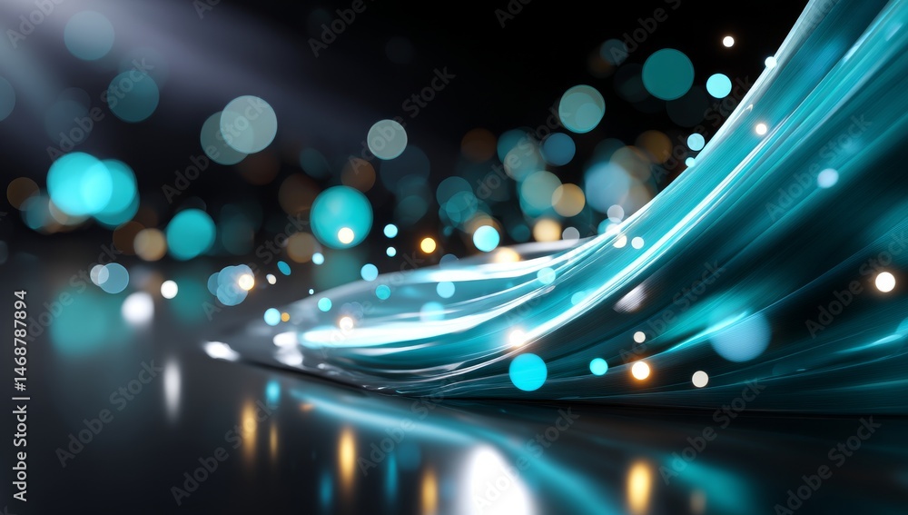 Poster futuristic glowing blue digital wave with luminous particles on black background, abstract technolog