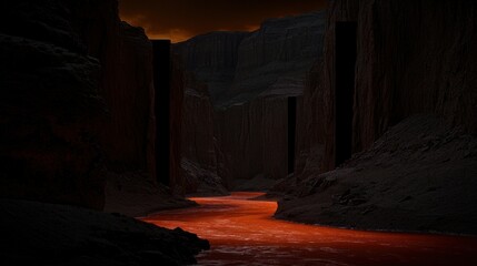 A dark canyon landscape with pillars and a red river