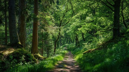 Naklejka premium Lush Green Forest Path Leading Into Bright Sunlit Distance