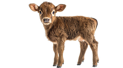 Fototapeta premium Young calf with soft brown fur, big curious eyes, isolated on transparent background. PNG