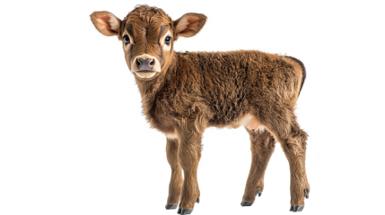 Young calf with soft brown fur, big curious eyes, isolated on transparent background. PNG