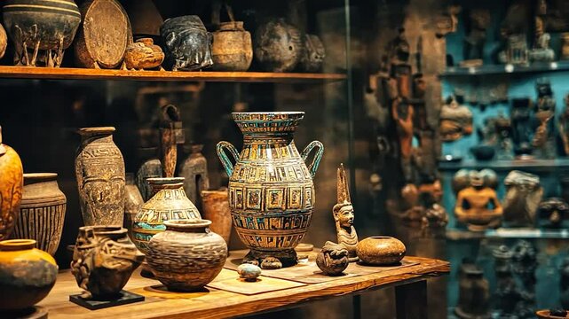 Ancient artifacts on display, intricately decorated pottery and statues, museum exhibit