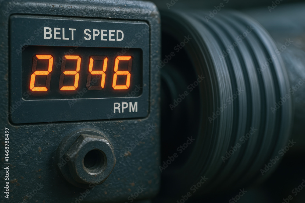 Poster belt speed display on industrial machinery showing rpm with metal components and mechanical parts in