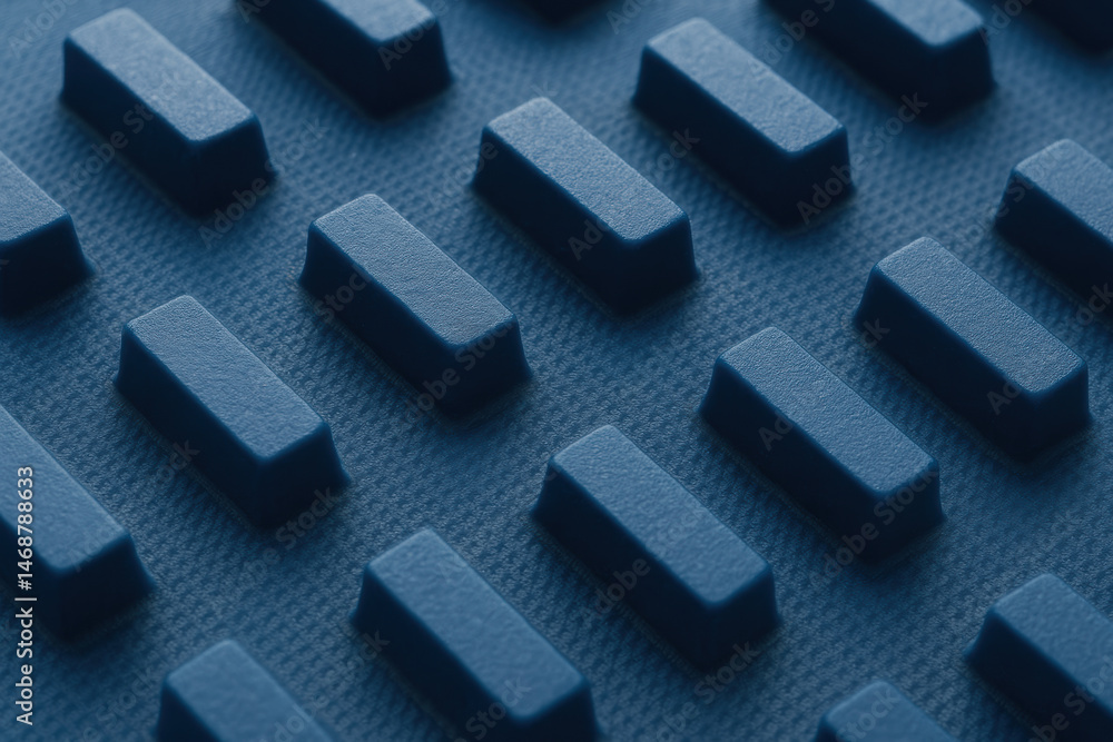 Poster machinery parts with blue rectangular belts arranged in pattern create textured industrial surface w