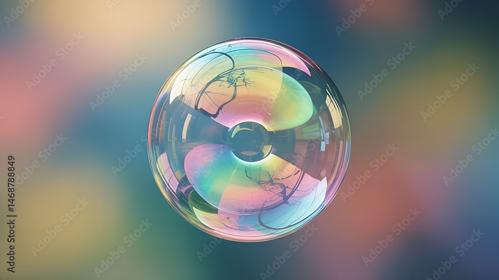 Poster iridescent soap bubble floating in abstract colorful background with reflections and spherical surfa
