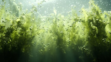 Obraz premium Vibrant Green Algae Underwater Illuminated by Light