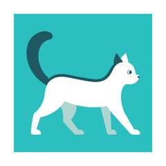 Minimalist illustration of a white cat with a dark tail walking across a teal background
