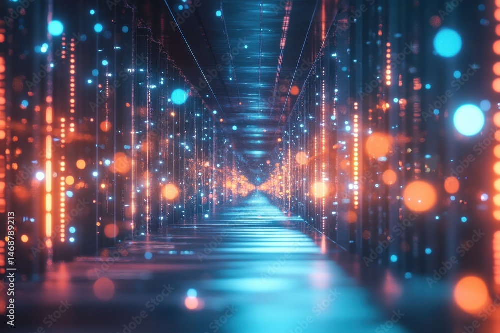 Poster illuminated futuristic corridor featuring glowing data strands in a digital landscape, abstract futu