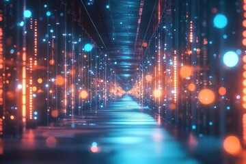 Fototapeta premium Illuminated futuristic corridor featuring glowing data strands in a digital landscape, Abstract futuristic corridor with illuminated data stream lines and bokeh lights