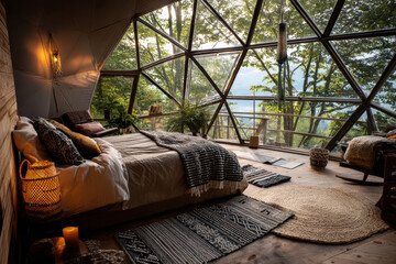 Cozy geodesic dome interior of a luxury glamping pod in the forest