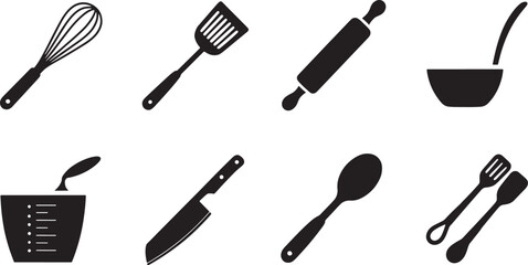 Collection of vector kitchen utensil silhouettes for cooking and baking designs