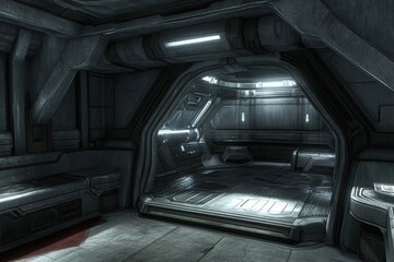 Futuristic interior corridor.  High-tech spaceship or station