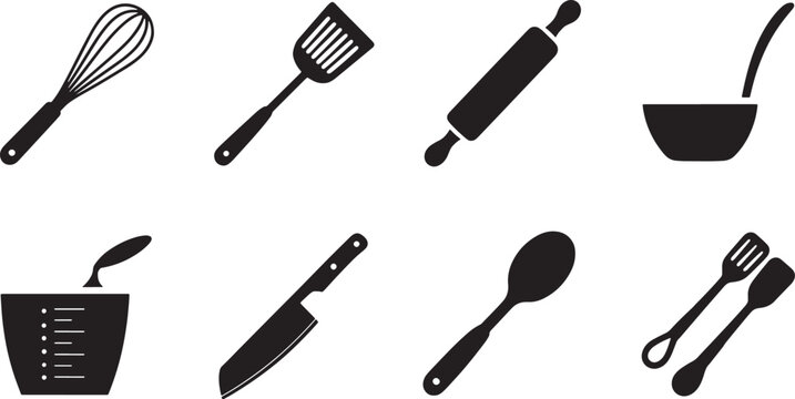 Collection of vector kitchen utensil silhouettes for cooking and baking designs