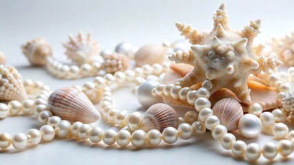 Obraz premium Delicate sea coral shells are scattered around a natural pearl necklace on a soft white background, showcasing the beauty of ocean treasures, ocean treasure, ocean floor