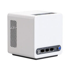 White server cube with network ports for data processing and storage