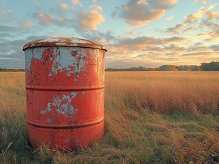 Obraz premium Rusty red barrel standing in a golden field at sunset, with clouds overhead