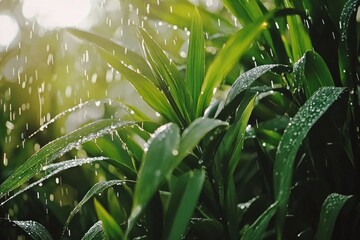 Obraz premium Lush foliage drenched in a summer rain shower.