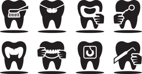 Dental health icons representing cleaning care filling examination and other dentistry procedures