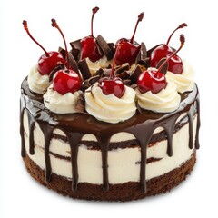 Chocolate cherry cake with cream on a white background