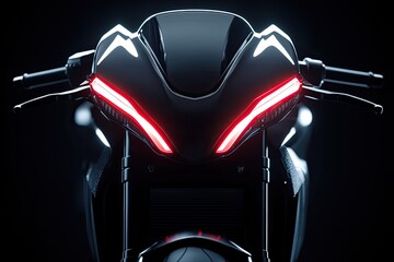 Futuristic motorcycle front end, sleek design with vibrant red taillights