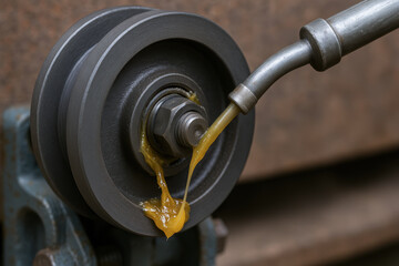 Grease lubricates metal pulley and machinery parts to ensure smooth operation and reduce wear on belts in industrial equipment