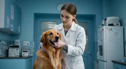 Veterinarian Examining a Golden Retriever in a Modern Clinic Comprehensive Pet Care and Wellness