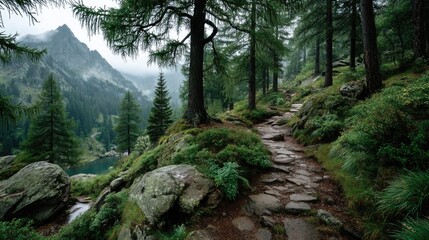 Foggy mountain path through pine forest tranquil landscape nature photography serene environment