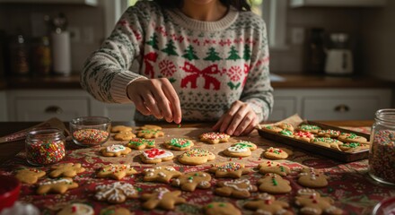 Person arranging gingerbread cookies