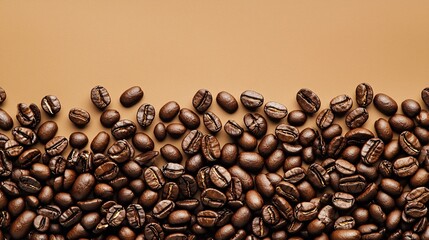 Roasted coffee beans on brown background, food photography, website banner