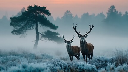 Deer grazing in misty nature reserve early morning serenity peaceful landscape natural beauty