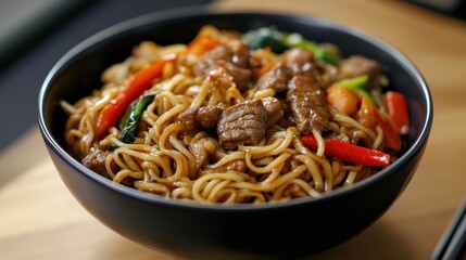 Stir-fried noodles with beef and vegetables in a bowl.
