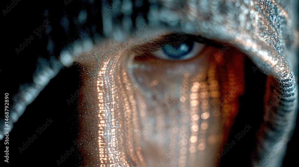 Poster hacker analyzing data with glowing screen reflections cyber space digital art dark environment intim