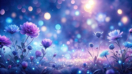 Dreamy Purple and Blue Floral Scene with Glowing Bokeh Lights in the Background