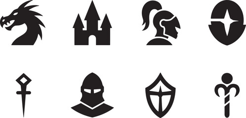 Medieval fantasy themed icon set depicting dragons knights castles shields and emblems