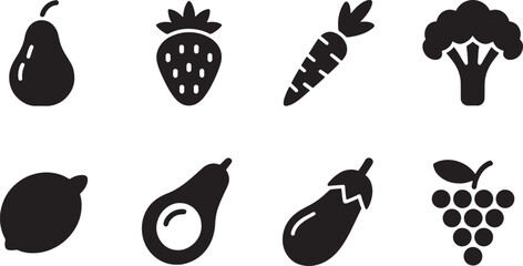 Monochrome silhouettes of common fruits and vegetables for healthy eating and nutrition