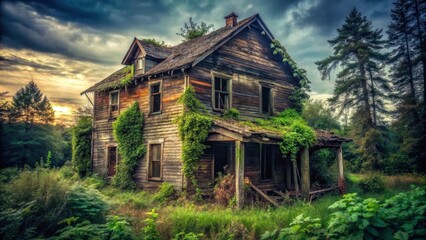 Obraz premium Creepy abandoned wooden house in a ghost town with overgrown vegetation and crumbling structures , eerie, wooden