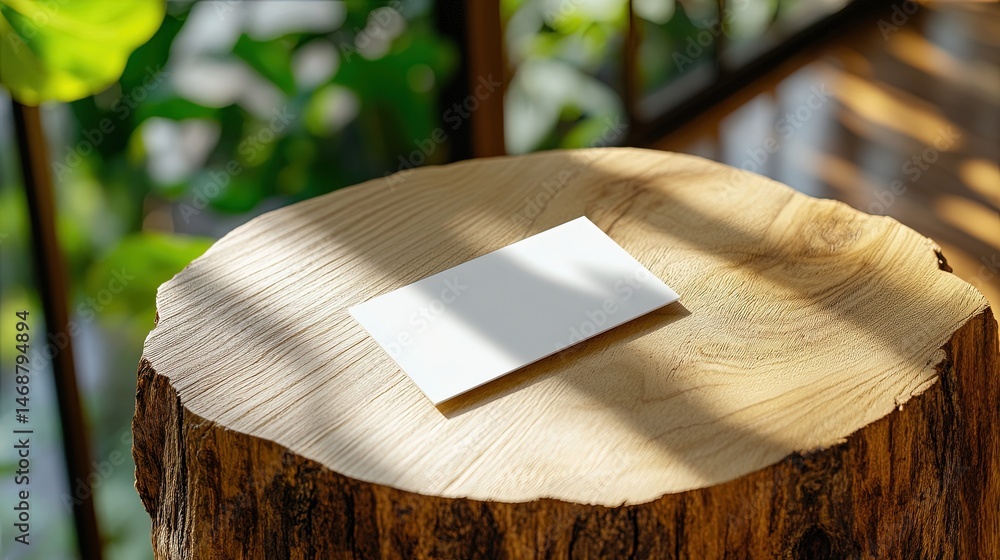 Poster a business card placed on a wooden surface with a slight reflection of light, creating a warm atmosp