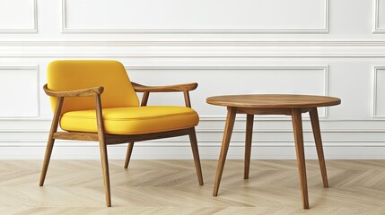 Fototapeta premium Stylish wooden chair and small round table in a modern room.