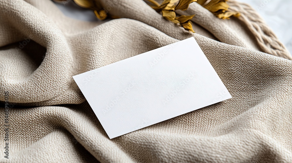 Poster a clean white background with a light canvas texture on which a business card lies, adding an elegan