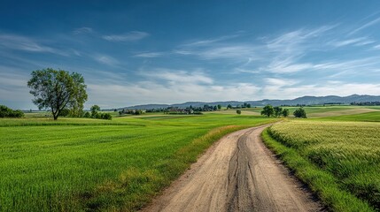 Fototapeta premium Scenic Sunny Countryside Road Surrounded by Lush Green Fields