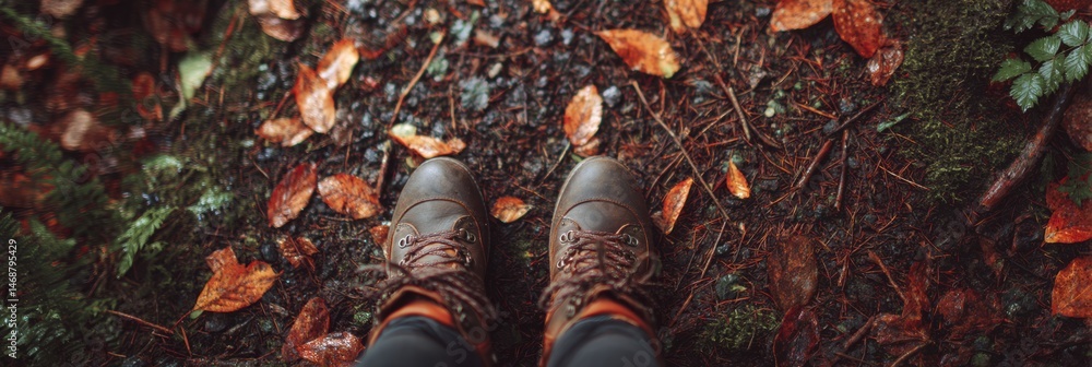 Poster exploring a serene forest path with boots surrounded by twigs and autumn leaves generative ai