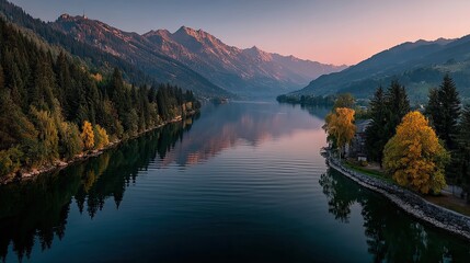 Obraz premium Scenic serene nature landscape with river and mountains during sunrise tranquil environment aerial view